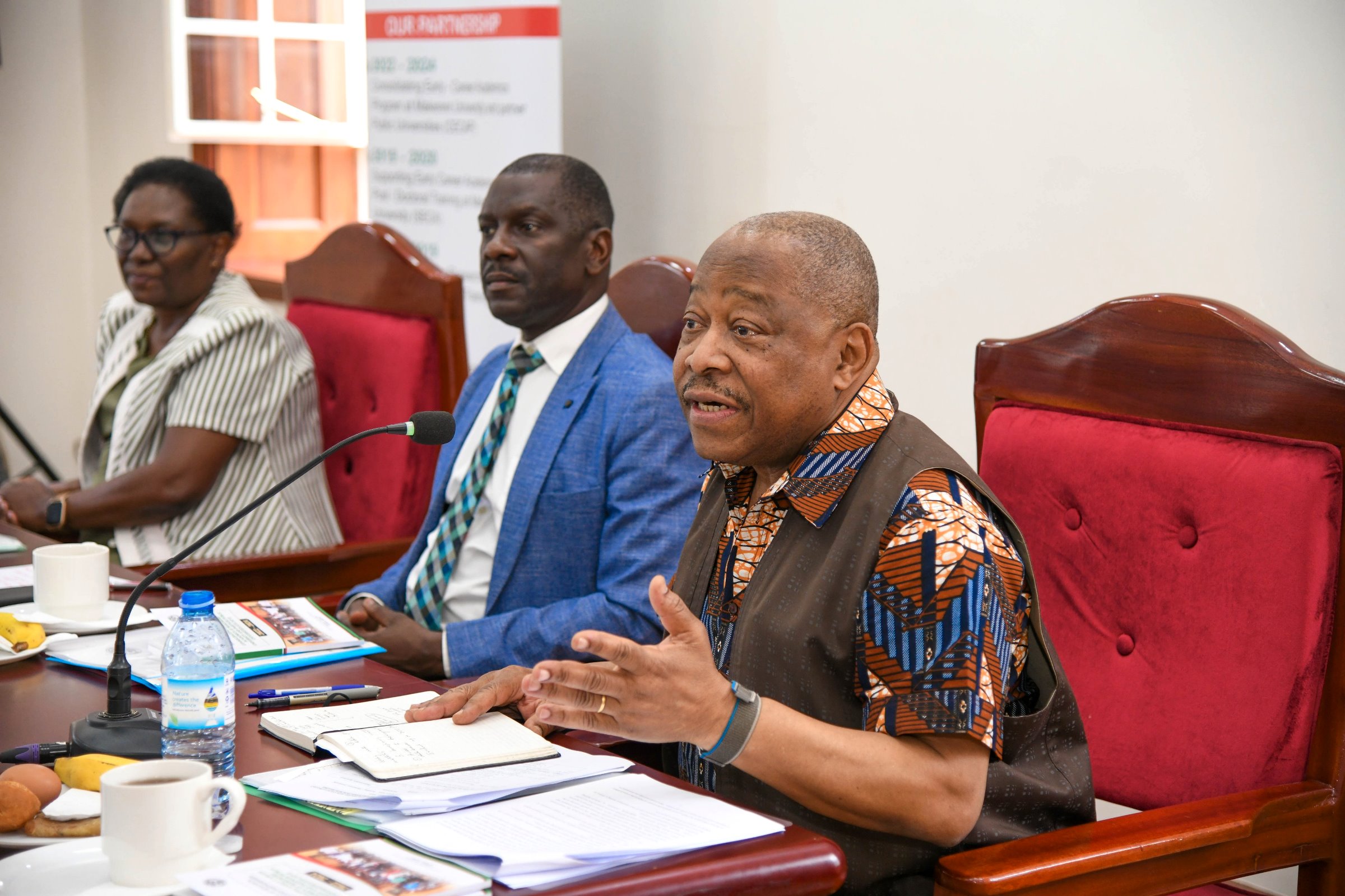 Left to Ritght: Dr. Jesca Nakavuma and Prof. Julius Kikooma alongside Prof. Omotade Akin Aina during the meeting. Prof. Omotade Akin Aina-Carnegie Corporation of New York meeting to discuss progress of Consolidating Early Career Academics Programme (CECAP) phase II, which focuses on fostering academic development and research among early-career academics, 23rd May 2025, Main Building, Makerere University, Kampala Uganda, East Africa.