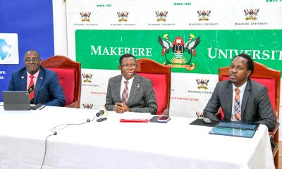 Prof. Buyinza Mukadasi (Centre) with Dr. Andrew Kambugu (Left) and Dr. Fredrick Oporia (Right) at the Press Briefing on 29th May 2025. Press Conference featuring Infectious Diseases Institute—the IDI Medical Drone Programme and Kampala Status Summary 2023 on Road Safety Risk Factors, conducted under the Bloomberg Philanthropies Initiative for Global Road Safety. This collaborative effort between the Johns Hopkins International Injury Research Unit and our Trauma, Injury, and Disability Unit (TRIAD) Makerere University School of Public Health (MakSPH), Senior Common Room, Main Builing, Makerere University, Kampala Uganda, East Africa.
