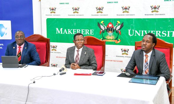 Prof. Buyinza Mukadasi (Centre) with Dr. Andrew Kambugu (Left) and Dr. Fredrick Oporia (Right) at the Press Briefing on 29th May 2025. Press Conference featuring Infectious Diseases Institute—the IDI Medical Drone Programme and Kampala Status Summary 2023 on Road Safety Risk Factors, conducted under the Bloomberg Philanthropies Initiative for Global Road Safety. This collaborative effort between the Johns Hopkins International Injury Research Unit and our Trauma, Injury, and Disability Unit (TRIAD) Makerere University School of Public Health (MakSPH), Senior Common Room, Main Builing, Makerere University, Kampala Uganda, East Africa.