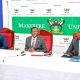 Prof. Buyinza Mukadasi (Centre) with Dr. Andrew Kambugu (Left) and Dr. Fredrick Oporia (Right) at the Press Briefing on 29th May 2025. Press Conference featuring Infectious Diseases Institute—the IDI Medical Drone Programme and Kampala Status Summary 2023 on Road Safety Risk Factors, conducted under the Bloomberg Philanthropies Initiative for Global Road Safety. This collaborative effort between the Johns Hopkins International Injury Research Unit and our Trauma, Injury, and Disability Unit (TRIAD) Makerere University School of Public Health (MakSPH), Senior Common Room, Main Builing, Makerere University, Kampala Uganda, East Africa.