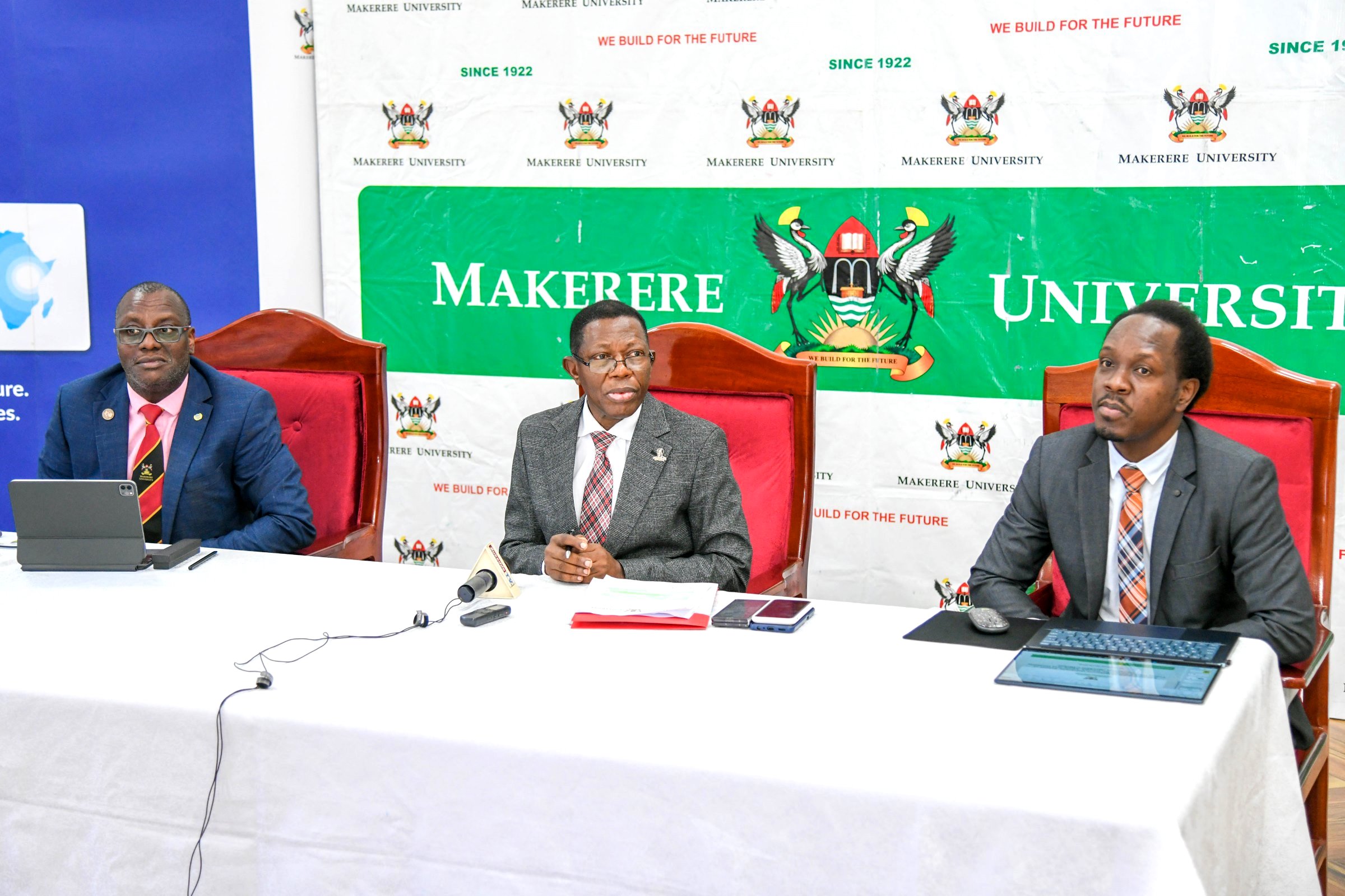Prof. Buyinza Mukadasi (Centre) with Dr. Andrew Kambugu (Left) and Dr. Fredrick Oporia (Right) at the Press Briefing on 29th May 2025. Press Conference featuring Infectious Diseases Institute—the IDI Medical Drone Programme and Kampala Status Summary 2023 on Road Safety Risk Factors, conducted under the Bloomberg Philanthropies Initiative for Global Road Safety. This collaborative effort between the Johns Hopkins International Injury Research Unit and our Trauma, Injury, and Disability Unit (TRIAD) Makerere University School of Public Health (MakSPH), Senior Common Room, Main Builing, Makerere University, Kampala Uganda, East Africa.