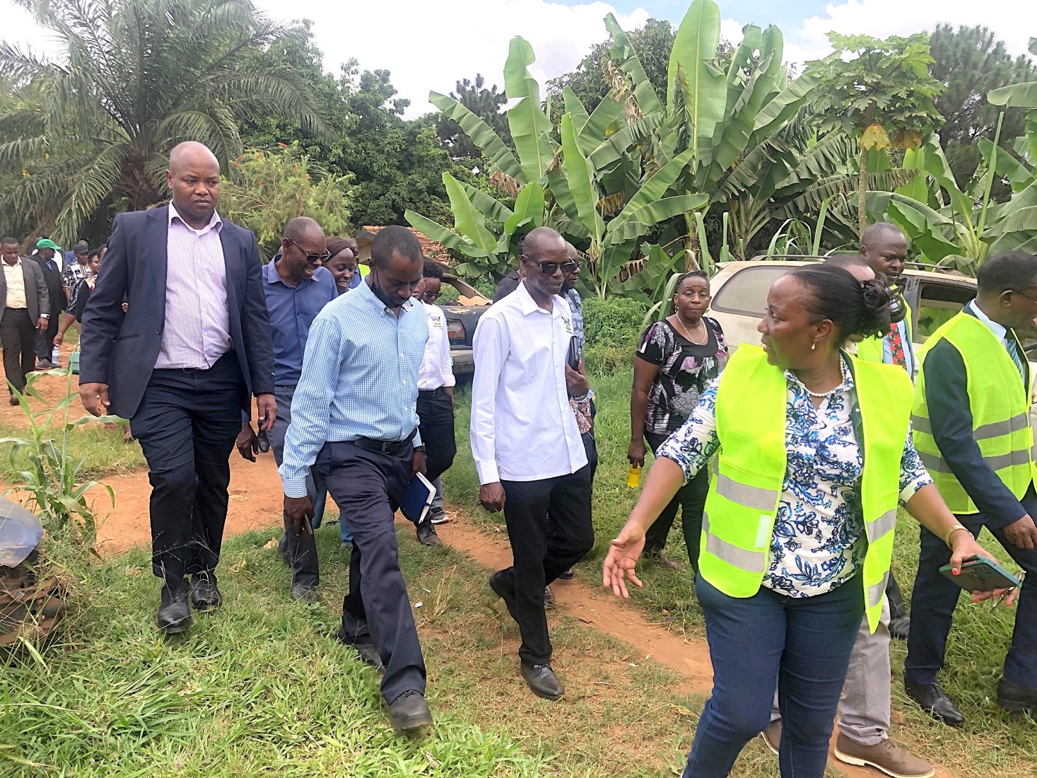 The team touring facilities at MUARIK. College of Agricultural and Environmental Sciences (CAES) refurbishment of Makerere University Agricultural Research Institute Kabanyolo (MUARIK) Main Gate by students from both CAES and the College of Engineering, Design, Art, and Technology (CEDAT), official opening, 30th May 2025, Wakiso Uganda, East Africa.