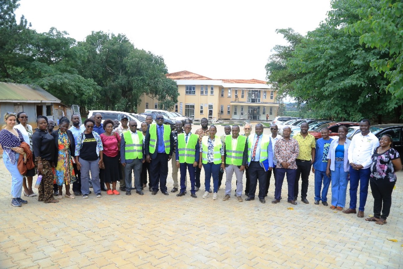 CAES staff together with the Principal and the DVCAA and DVCFA after touring the facilities at MUARIK. College of Agricultural and Environmental Sciences (CAES) refurbishment of Makerere University Agricultural Research Institute Kabanyolo (MUARIK) Main Gate by students from both CAES and the College of Engineering, Design, Art, and Technology (CEDAT), official opening, 30th May 2025, Wakiso Uganda, East Africa.