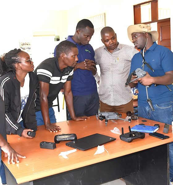 Mr. Timothy Mutungi, a certified Remote Sensing Drone Pilot, training the project team in drone operations. At Makerere, the project is coordinated by Dr Alex Nimusiima, third right. Nature-based Solutions for Tea (NbS4Tea) project at College of Agricultural and Environmental Sciences (CAES), Makerere University, Kampala, Funded by the Danish Fellowship Centre under Denmark’s Ministry of Foreign Affairs, deployment of drones to improve environmental and agricultural data collection at Rwebitaba Tea Research Centre in Kyenjojo District, Uganda, East Africa, 19th June 2025.