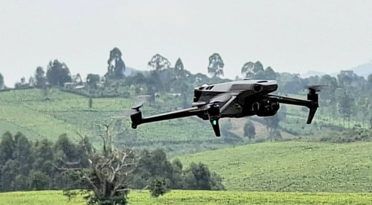 A close-up of the drone in flight. Nature-based Solutions for Tea (NbS4Tea) project at College of Agricultural and Environmental Sciences (CAES), Makerere University, Kampala, Funded by the Danish Fellowship Centre under Denmark’s Ministry of Foreign Affairs, deployment of drones to improve environmental and agricultural data collection at Rwebitaba Tea Research Centre in Kyenjojo District, Uganda, East Africa, 19th June 2025.