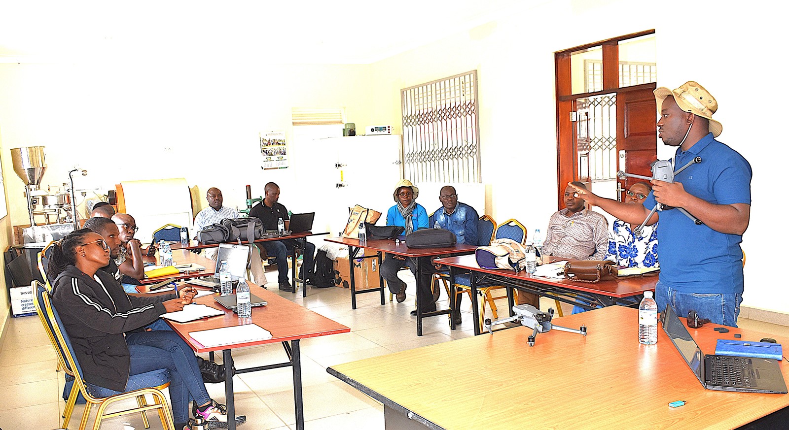 The project team during a training in drone operations at Rwebitaba Tea Research Centre in Kyenjojo District. Nature-based Solutions for Tea (NbS4Tea) project at College of Agricultural and Environmental Sciences (CAES), Makerere University, Kampala, Funded by the Danish Fellowship Centre under Denmark’s Ministry of Foreign Affairs, deployment of drones to improve environmental and agricultural data collection at Rwebitaba Tea Research Centre in Kyenjojo District, Uganda, East Africa, 19th June 2025.