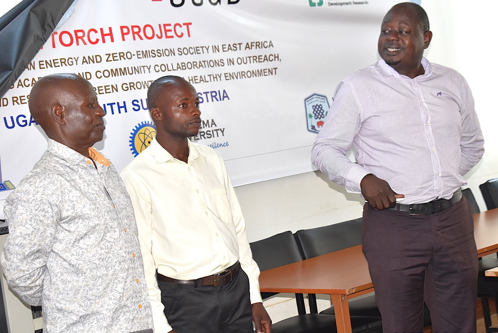 Mr. Kayanja Susane (L), a farmer from Luweero sharing his views on the importance of collaboration between local communities and the academia. Department of Soil Science and Land Use Management at the College of Agricultural and Environmental Sciences (CAES), launch of two-year project, code-named TORCH (Towards a Clean Energy and Zero-emission Society in East Africa) to foster green growth and promoting sustainable development across East Africa, June 2025, GIS Lab, College of Computing and Information Sciences (CoCIS) Makerere University, Kampala Uganda.