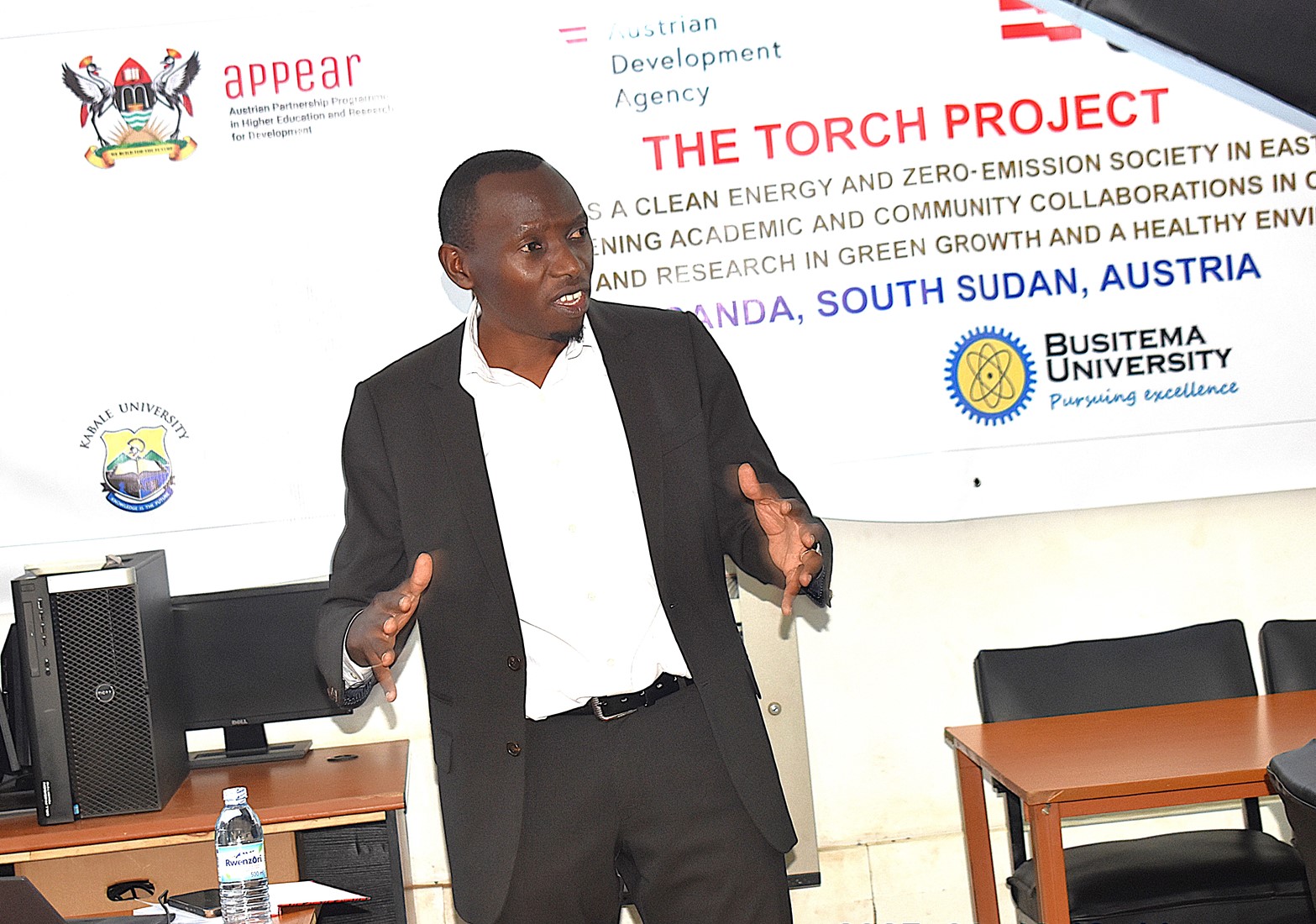 The PI, Dr Patrick Musinguzi briefing participants about the objectives of the project. Department of Soil Science and Land Use Management at the College of Agricultural and Environmental Sciences (CAES), launch of two-year project, code-named TORCH (Towards a Clean Energy and Zero-emission Society in East Africa) to foster green growth and promoting sustainable development across East Africa, June 2025, GIS Lab, College of Computing and Information Sciences (CoCIS) Makerere University, Kampala Uganda.