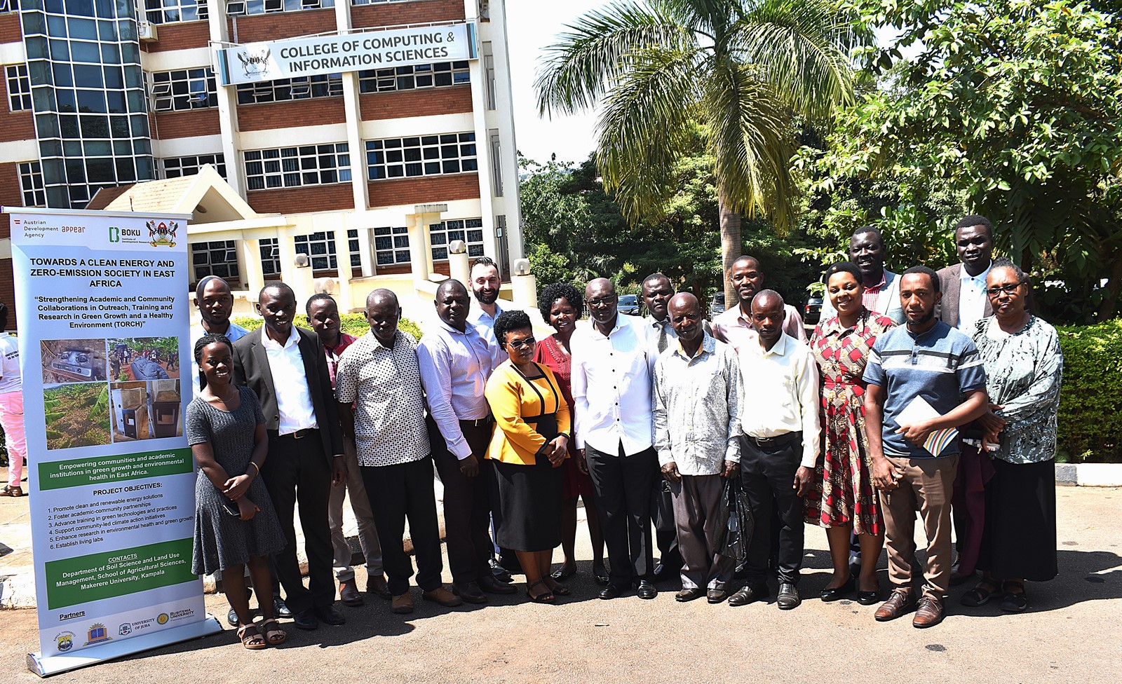 The project team led by the PI, Dr Patrick Musinguzi (2nd L) at the launch ceremony held in the GIS Lab at CoCIS, Makerere University. Department of Soil Science and Land Use Management at the College of Agricultural and Environmental Sciences (CAES), launch of two-year project, code-named TORCH (Towards a Clean Energy and Zero-emission Society in East Africa) to foster green growth and promoting sustainable development across East Africa, June 2025, GIS Lab, College of Computing and Information Sciences (CoCIS) Makerere University, Kampala Uganda.