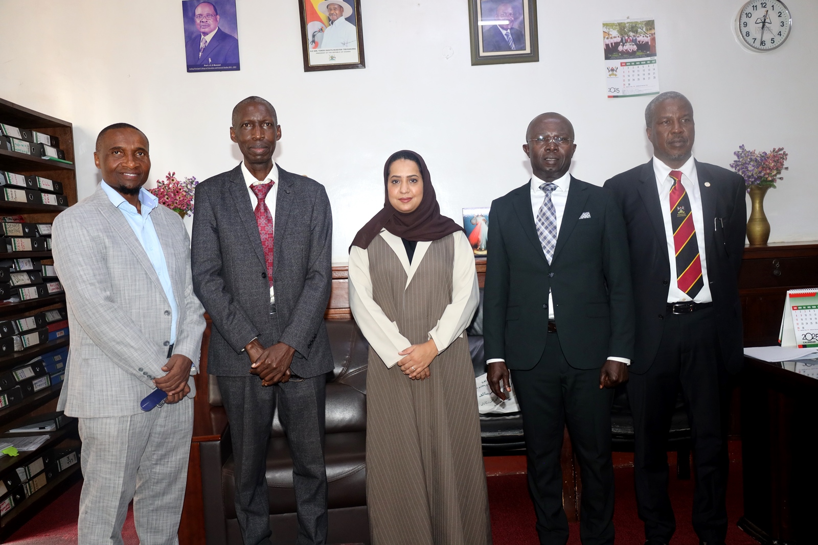 Standing L-R: Dr. Ayoub Twahir Sekitto, Prof. Anthony Muwagga Mugagga, Dr. Hanan Al Malki, Dr. Muhammad Musoke Kiggundu, and Dr. Ibrahim Ssali in group photo on 17th June 2025. Principal, College of Education and External Studies (CEES) Prof. Anthony Muwagga Mugagga meeting with Dr. Hanan Al Malki, Director of Program and Centre Planning and Management, King Salman Global Academy for the Arabic Language, aimed at building institutionalized partnerships in language education in Uganda and globally, 17th June 2025, Makerere University, Kampala Uganda, East Africa.