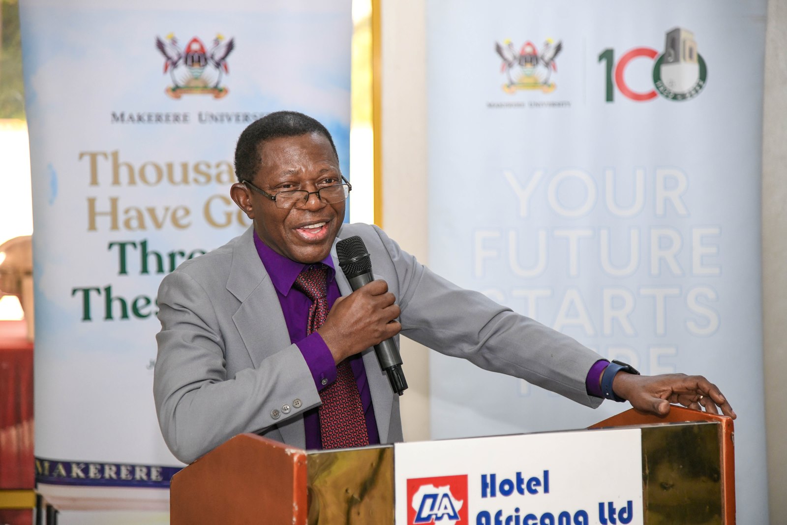 Professor Buyinza Mukadasi enjoys a light moment. Unveiling and stakeholder review of Draft Master Plan for Open, Distance, and e-Learning (ODeL), funded by KOICA and implemented with technical support from the Korea National Open University (KNOU) and the Korea Institute for Development Strategy (KDS), 5th June 2025, Hotel Africana, Kampala Uganda, East Africa.