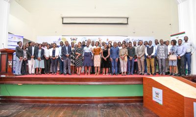 NEAR-ER Dialogue delegates pose for a group photograph in the Main Hall on 16th June 2025. Network on Europe and Africa Relations-Education and Research (NEAR-ER) project, a Jean Monnet policy network of 20 higher education institutions; 7 in Europe and 13 in Africa, Dialogue targeting early career researchers and graduate students organized by School of Statistics, College of Business and Management Sciences (CoBAMS), 16th June 2025, Main Hall, Makerere University, Kampala Uganda, East Africa.