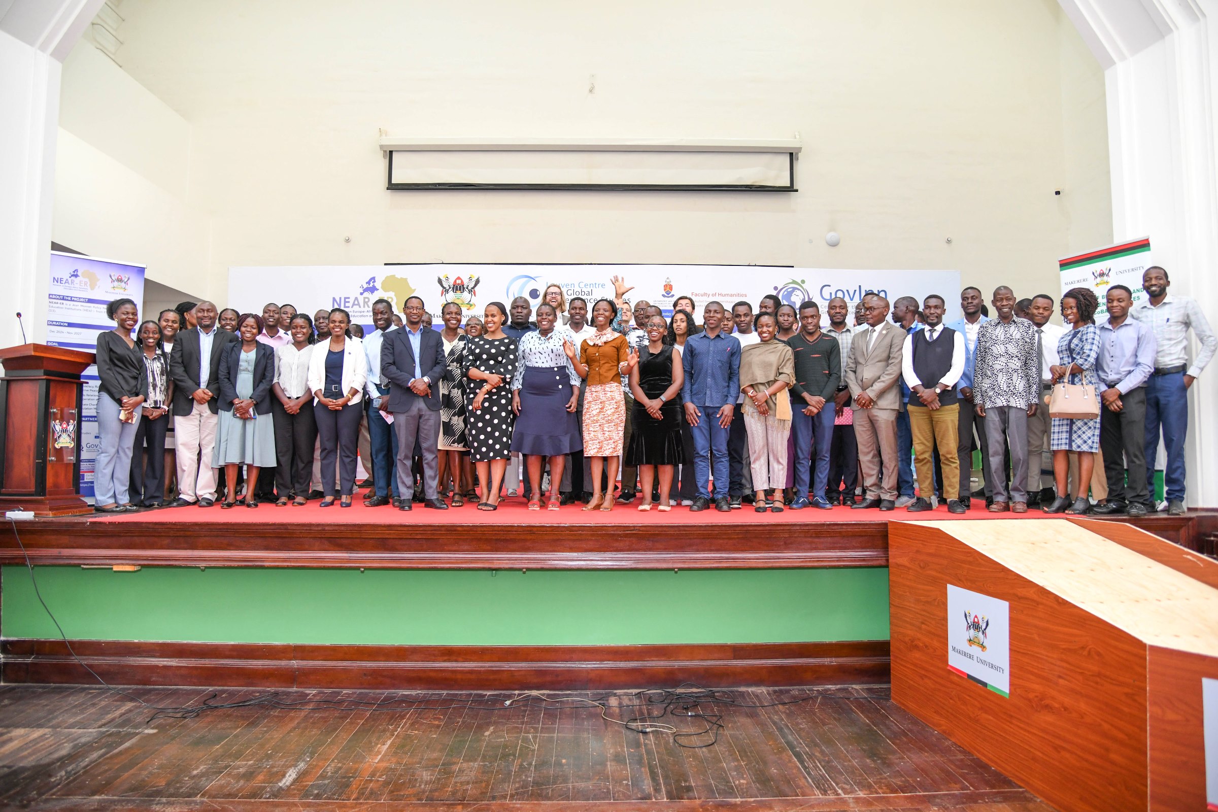 NEAR-ER Dialogue delegates pose for a group photograph in the Main Hall on 16th June 2025. Network on Europe and Africa Relations-Education and Research (NEAR-ER) project, a Jean Monnet policy network of 20 higher education institutions; 7 in Europe and 13 in Africa, Dialogue targeting early career researchers and graduate students organized by School of Statistics, College of Business and Management Sciences (CoBAMS), 16th June 2025, Main Hall, Makerere University, Kampala Uganda, East Africa.