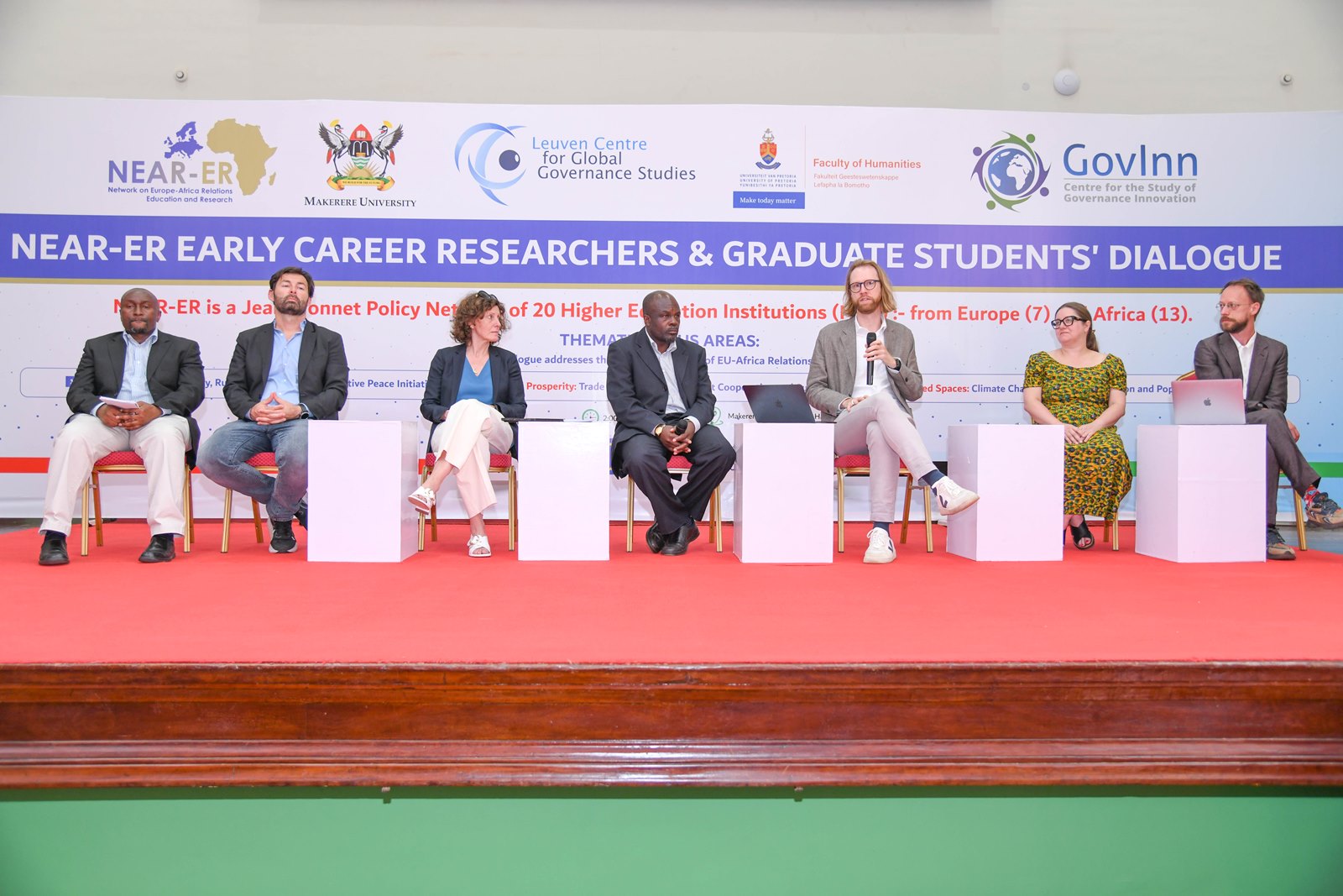 Prof. Muller Gustavo-the Overall Principal Investigator (3rd R) and other panelists during the discussion. Network on Europe and Africa Relations-Education and Research (NEAR-ER) project, a Jean Monnet policy network of 20 higher education institutions; 7 in Europe and 13 in Africa, Dialogue targeting early career researchers and graduate students organized by School of Statistics, College of Business and Management Sciences (CoBAMS), 16th June 2025, Main Hall, Makerere University, Kampala Uganda, East Africa.