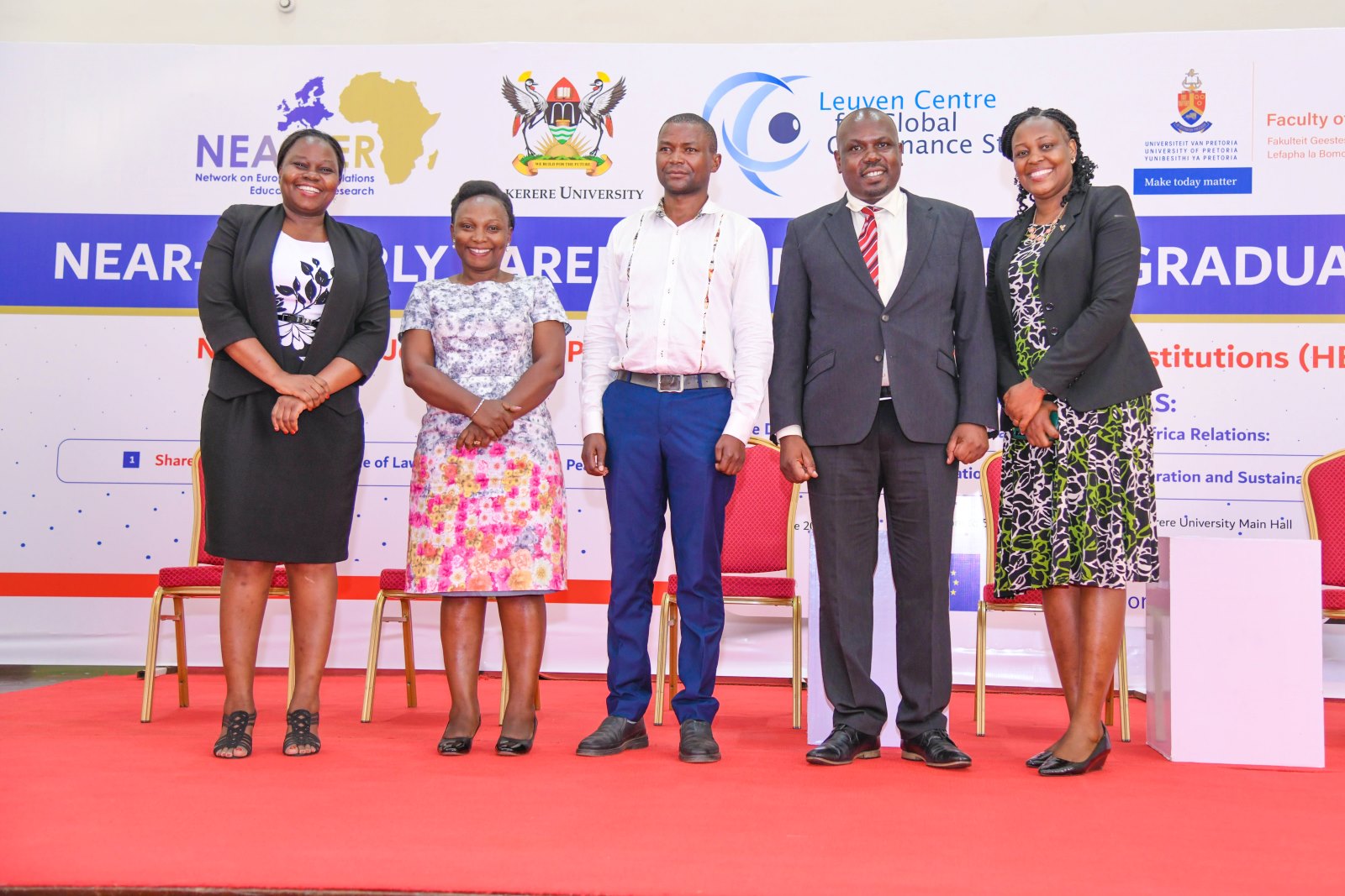 Part of the Research Team: Dr. John M. Mushomi – Principal Investigator (2nd R) with L-R: Dr. Elizabeth Nansubuga, Dr. Olivia Nankinga, Dr. Nicholas Tunanukye, and Dr. Patricia Ndugga. Network on Europe and Africa Relations-Education and Research (NEAR-ER) project, a Jean Monnet policy network of 20 higher education institutions; 7 in Europe and 13 in Africa, Dialogue targeting early career researchers and graduate students organized by School of Statistics, College of Business and Management Sciences (CoBAMS), 16th June 2025, Main Hall, Makerere University, Kampala Uganda, East Africa.
