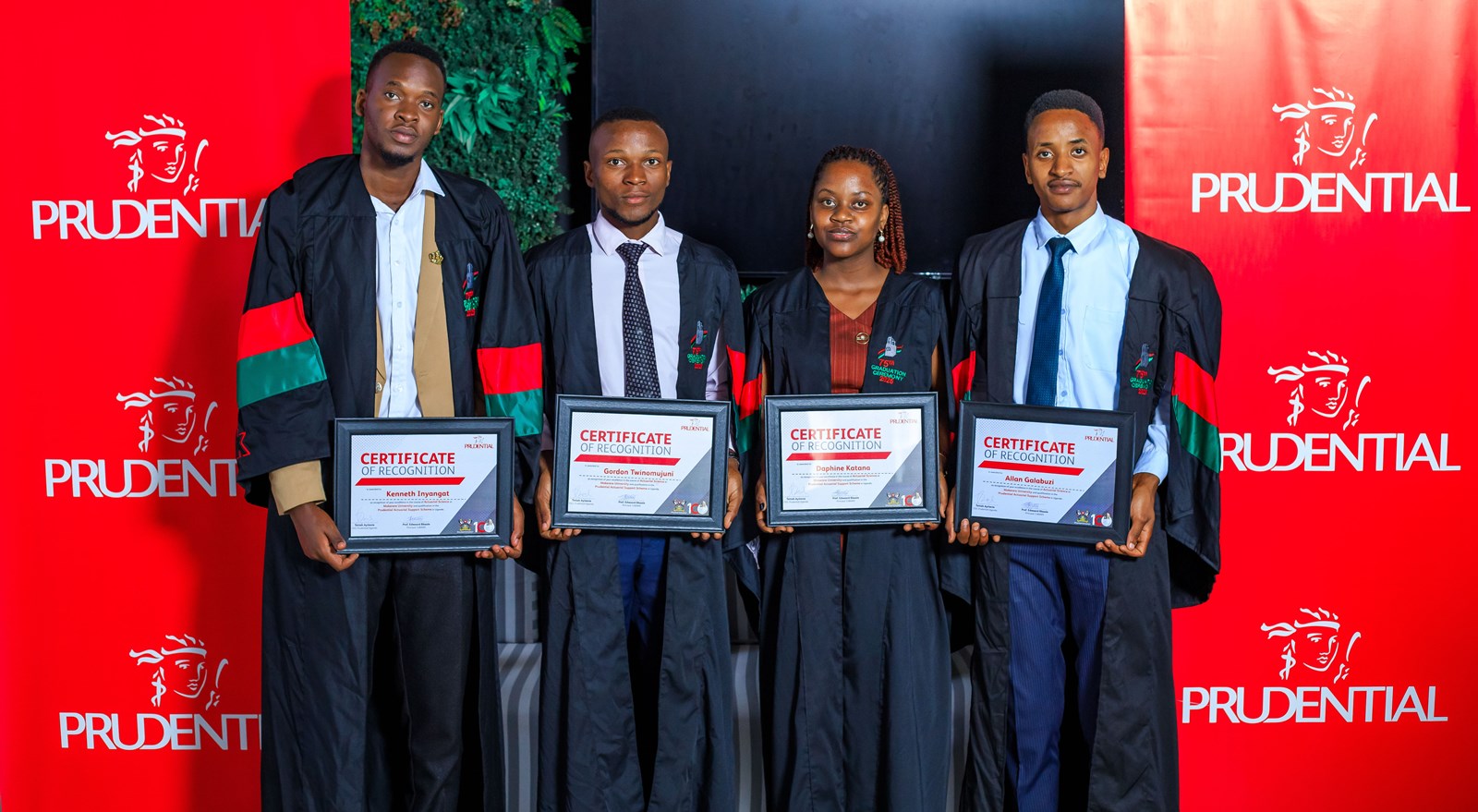 L-R: Exceptional graduate award recipients; Kenneth Inyangat, Gordon Twinomujuni, Daphine Katana and Allan Galabuzi. Prudential Uganda award of UGX 135 million to the top five graduates of Makerere University’s Actuarial Science program, under the Prudential Actuarial Support Scheme (PASS), demonstrating its firm commitment to nurturing globally competitive actuarial talent within the country, 11th June 2025, Kampala Uganda, East Africa.