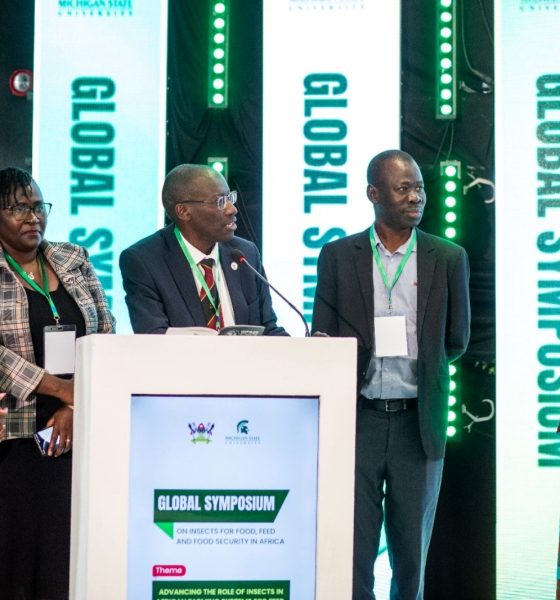 (L_R) Dr. Dorothy Nampanzira, HOD LIR, Dr. Claire M. Mugasa, DEAN SBLS, Prof. Frank Norbert Mwiine, Principal CoVAB, Assoc. Prof. James Acai Okwee, Deputy Principal CoVAB, and the host, Dr. Amulen Deborah Ruth, at the opening of the symposium on 5th June 2025, at Onomo Hotel in Kampala. Symposium exploring the role of insects in African farming systems convened by Makerere University’s College of Veterinary Medicine, Animal Resources and Biosecurity (CoVAB) in collaboration with Michigan State University (MSU) 5th-6th June, 2025, Onomo Hotel, Kampala Uganda, East Africa.