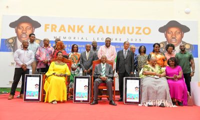 Seated L-R: Mrs. Allen Kagina, Prof. Moses Muhwezi, Mrs. Esther Kallimuzo and her daughter with dignitaries and family at the 2nd Frank Kalimuzo on 13th June 2025. 2nd Frank Kalimuzo Memorial Lecture, theme ‘Building a culture of service in Public Institutions’ organised in partnership with Makerere University Business School (MUBS), 13th June 2025, Main Hall, Makerere University, Kampala Uganda, East Africa.