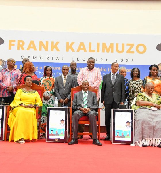Seated L-R: Mrs. Allen Kagina, Prof. Moses Muhwezi, Mrs. Esther Kallimuzo and her daughter with dignitaries and family at the 2nd Frank Kalimuzo on 13th June 2025. 2nd Frank Kalimuzo Memorial Lecture, theme ‘Building a culture of service in Public Institutions’ organised in partnership with Makerere University Business School (MUBS), 13th June 2025, Main Hall, Makerere University, Kampala Uganda, East Africa.