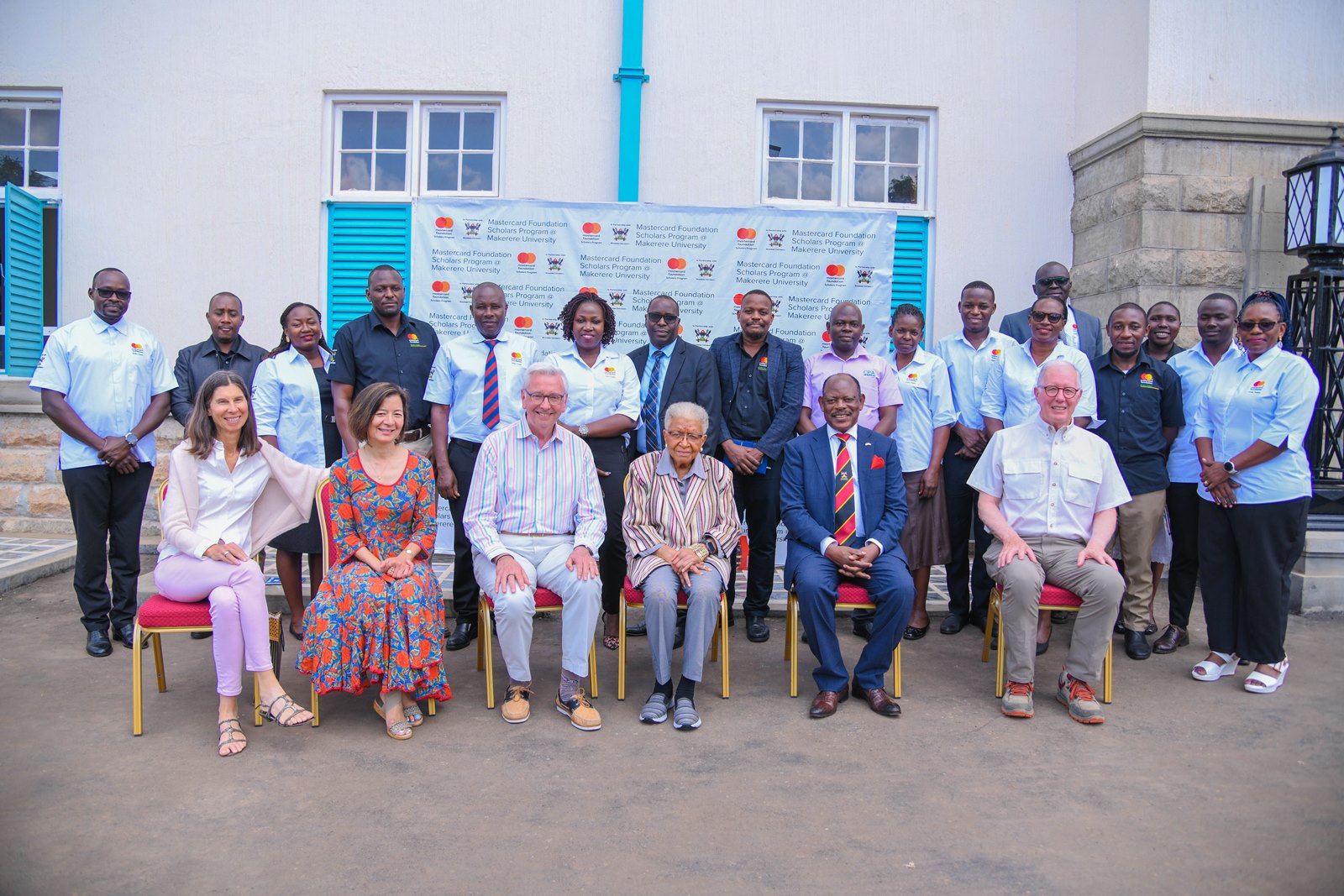 Prof. Nawangwe, H.E. Ellen Johnson, Ms. Reeta Roy and other Board Members pose for a photograph with Scholars Program Staff. Mastercard Foundation Board Inaugural visit to Makerere University led by H.E. Ellen Johnson Sirleaf, former President of Liberia, 17th June 2025, Kampala Uganda, East Africa.