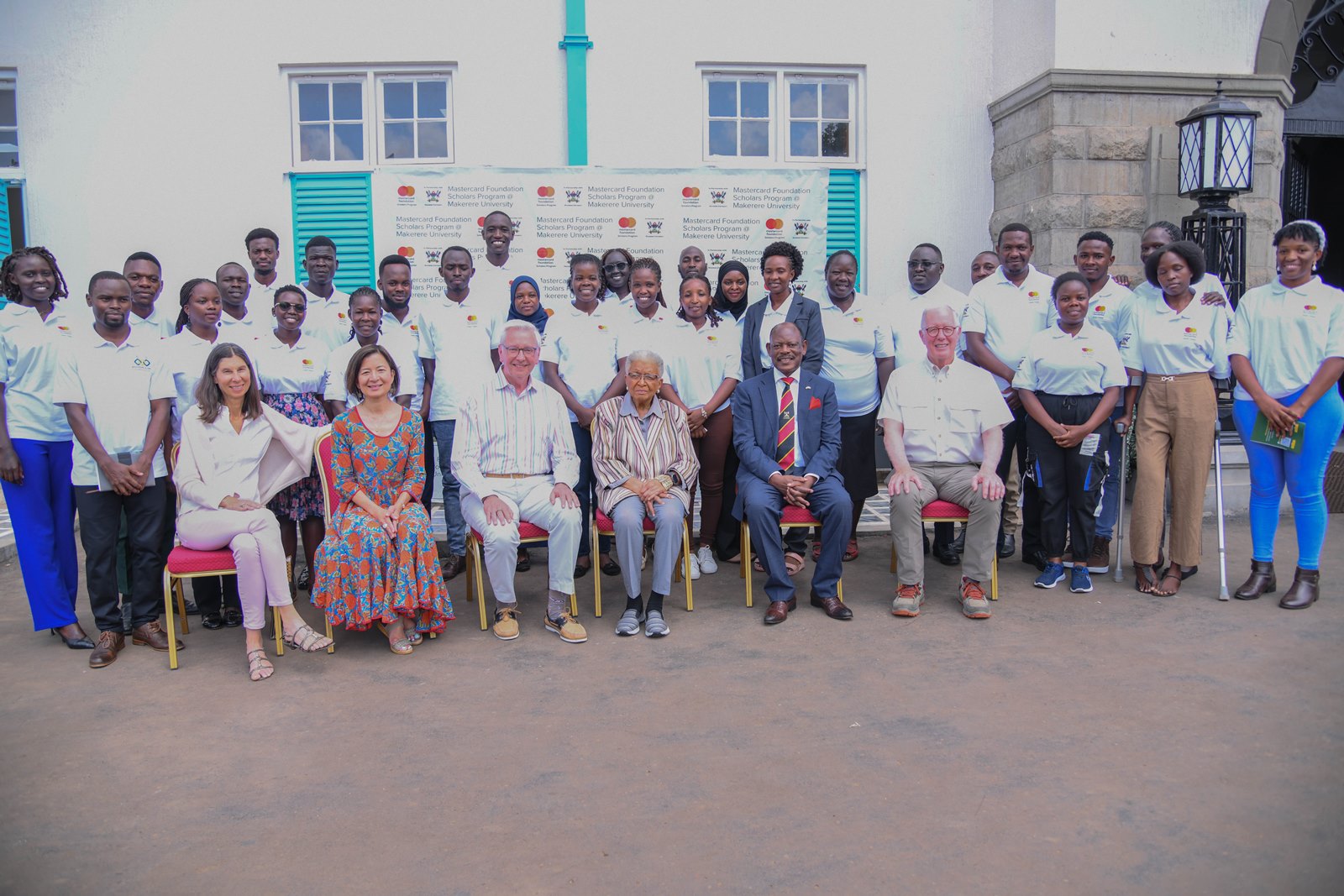 Prof. Nawangwe, H.E. Ellen Johnson, Ms. Reeta Roy, and other Board members pose in a photograph with a cross-section of Scholars and alumni of Mastercard Foundation at Makerere. Mastercard Foundation Board Inaugural visit to Makerere University led by H.E. Ellen Johnson Sirleaf, former President of Liberia, 17th June 2025, Kampala Uganda, East Africa.