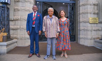 Prof. Barnabas Nawangwe, H.E. Ellen Johnson and Ms. Reeta Roy, pose for a photograph at the Main Building Entrance. Mastercard Foundation Board Inaugural visit to Makerere University led by H.E. Ellen Johnson Sirleaf, former President of Liberia, 17th June 2025, Kampala Uganda, East Africa.