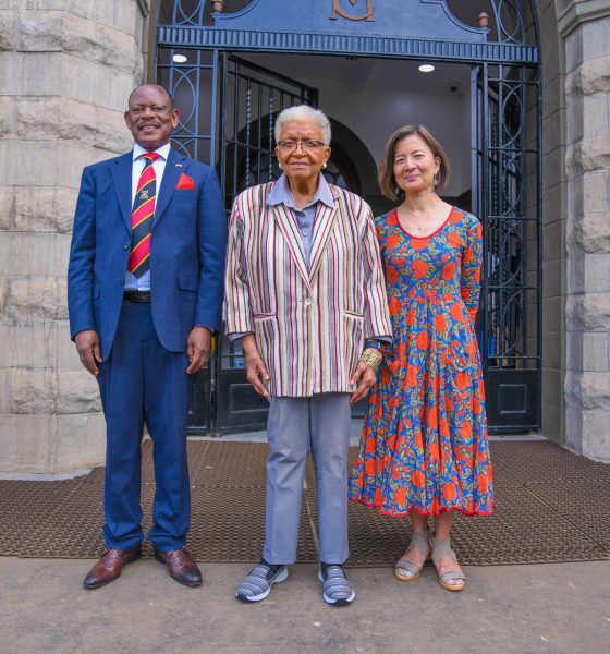 Prof. Barnabas Nawangwe, H.E. Ellen Johnson and Ms. Reeta Roy, pose for a photograph at the Main Building Entrance. Mastercard Foundation Board Inaugural visit to Makerere University led by H.E. Ellen Johnson Sirleaf, former President of Liberia, 17th June 2025, Kampala Uganda, East Africa.