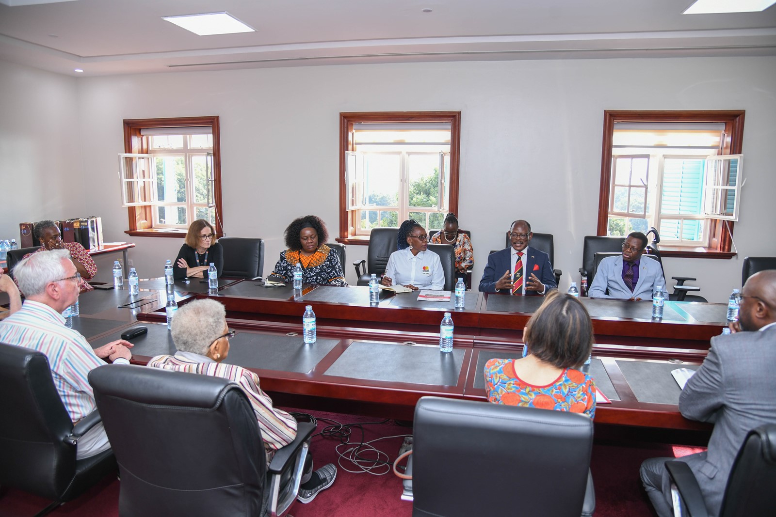 Prof. Barnabas Nawangwe, Prof. Buyinza Mukadasi and Prof. Justine Namaalwa, interacting with Members of the Board. Mastercard Foundation Board Inaugural visit to Makerere University led by H.E. Ellen Johnson Sirleaf, former President of Liberia, 17th June 2025, Kampala Uganda, East Africa.
