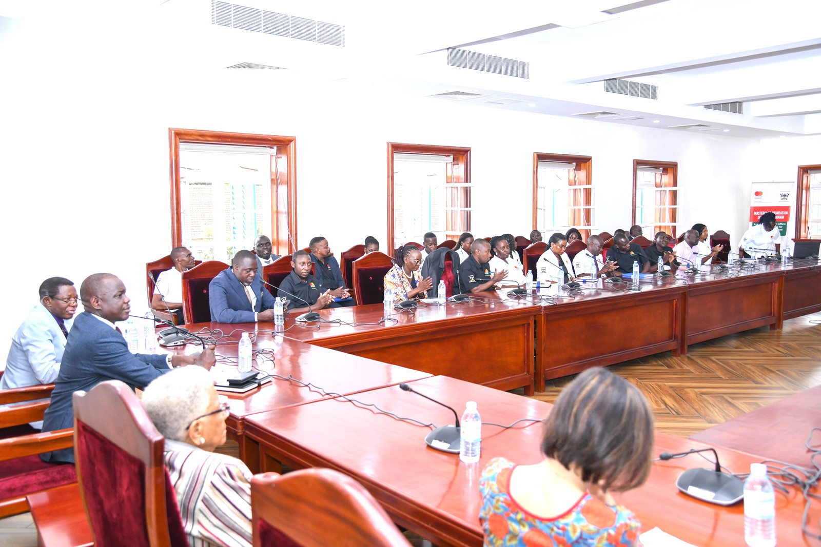 Rt. Hon. Dan Kidega, Prof. Buyinza Mukadasi and Mr. Yusuf Kiranda interacting with the Board Members during their meeting with the Scholars Program staff. Mastercard Foundation Board Inaugural visit to Makerere University led by H.E. Ellen Johnson Sirleaf, former President of Liberia, 17th June 2025, Kampala Uganda, East Africa.