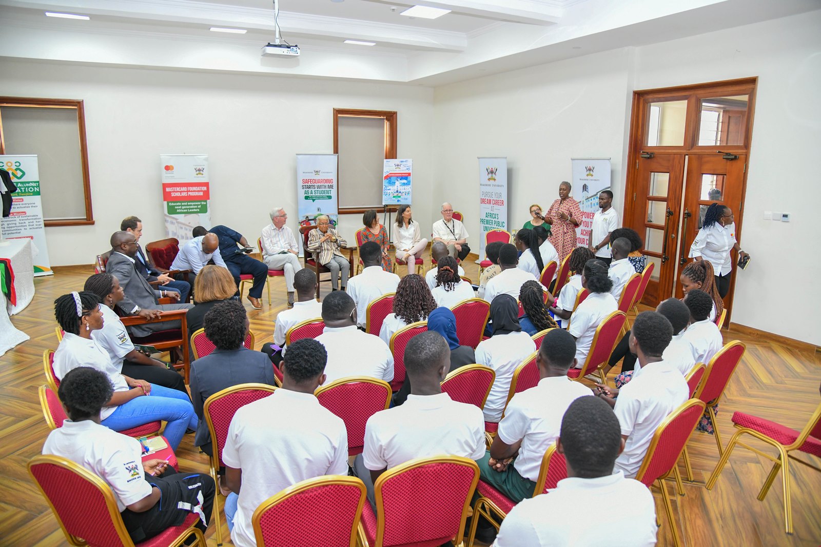 Members of the Board interacting with a cross-section of the Scholars and alumni of Mastercard Foundation during a focus group discussion. Mastercard Foundation Board Inaugural visit to Makerere University led by H.E. Ellen Johnson Sirleaf, former President of Liberia, 17th June 2025, Kampala Uganda, East Africa.