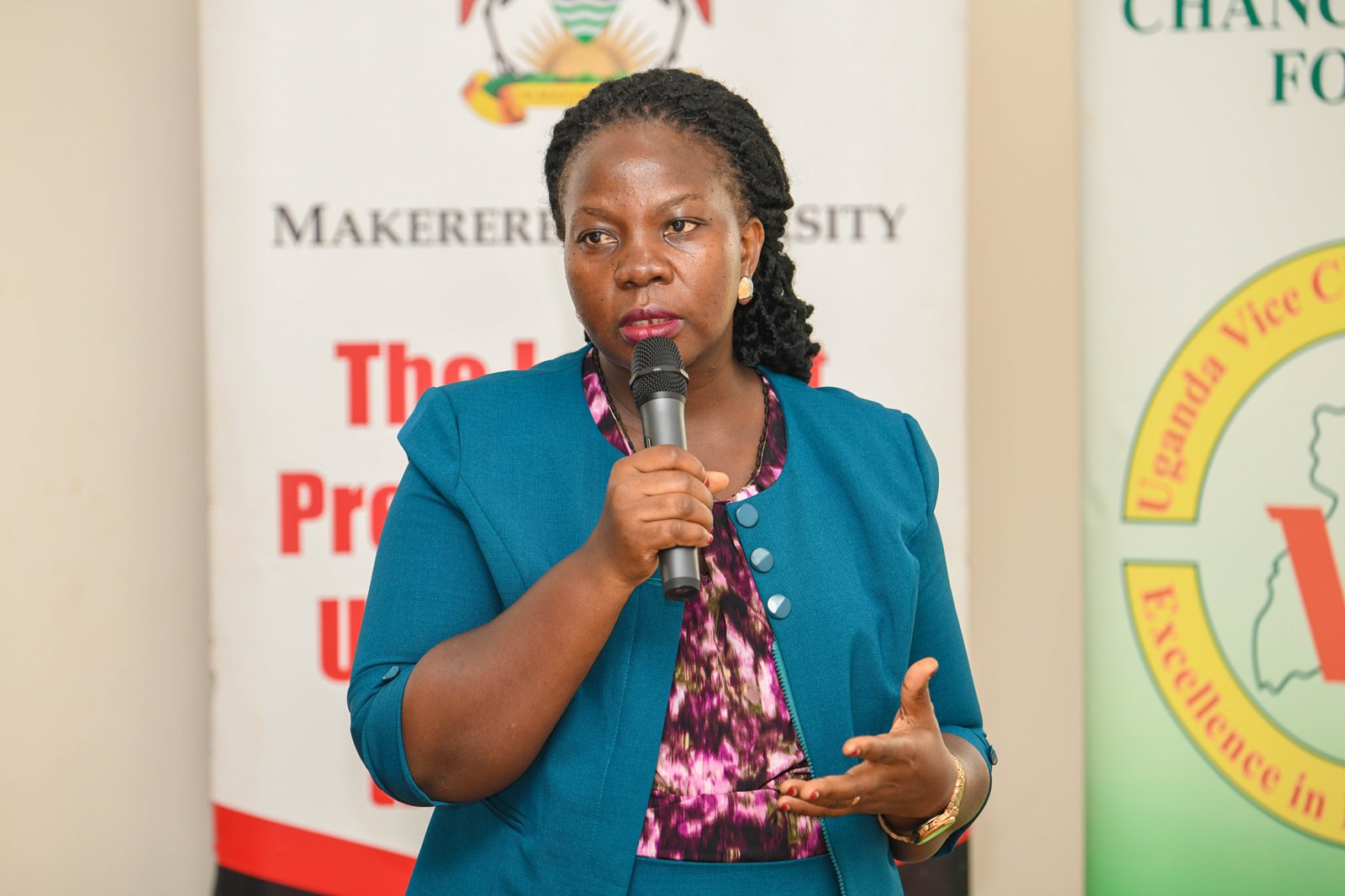 Dr. Maria Nakachwa presents on the HEAC programme. Extraordinary sitting of the Uganda Vice Chancellors Forum (UVCF) meeting to discuss Higher Education Access Certificate (HEAC) programme and Technical and Vocational Education and Training (TVET) Act, 2025, Senior Common Room, Makerere University, Kampala Uganda, East Africa on 23rd June 2025.