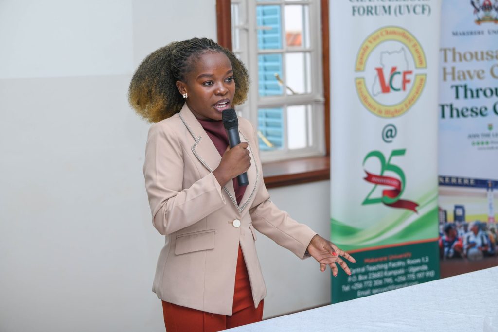 HEAC programme beneficiary and first female graduate engineer of Buyende District. Extraordinary sitting of the Uganda Vice Chancellors Forum (UVCF) meeting to discuss Higher Education Access Certificate (HEAC) programme and Technical and Vocational Education and Training (TVET) Act, 2025, Senior Common Room, Makerere University, Kampala Uganda, East Africa on 23rd June 2025.