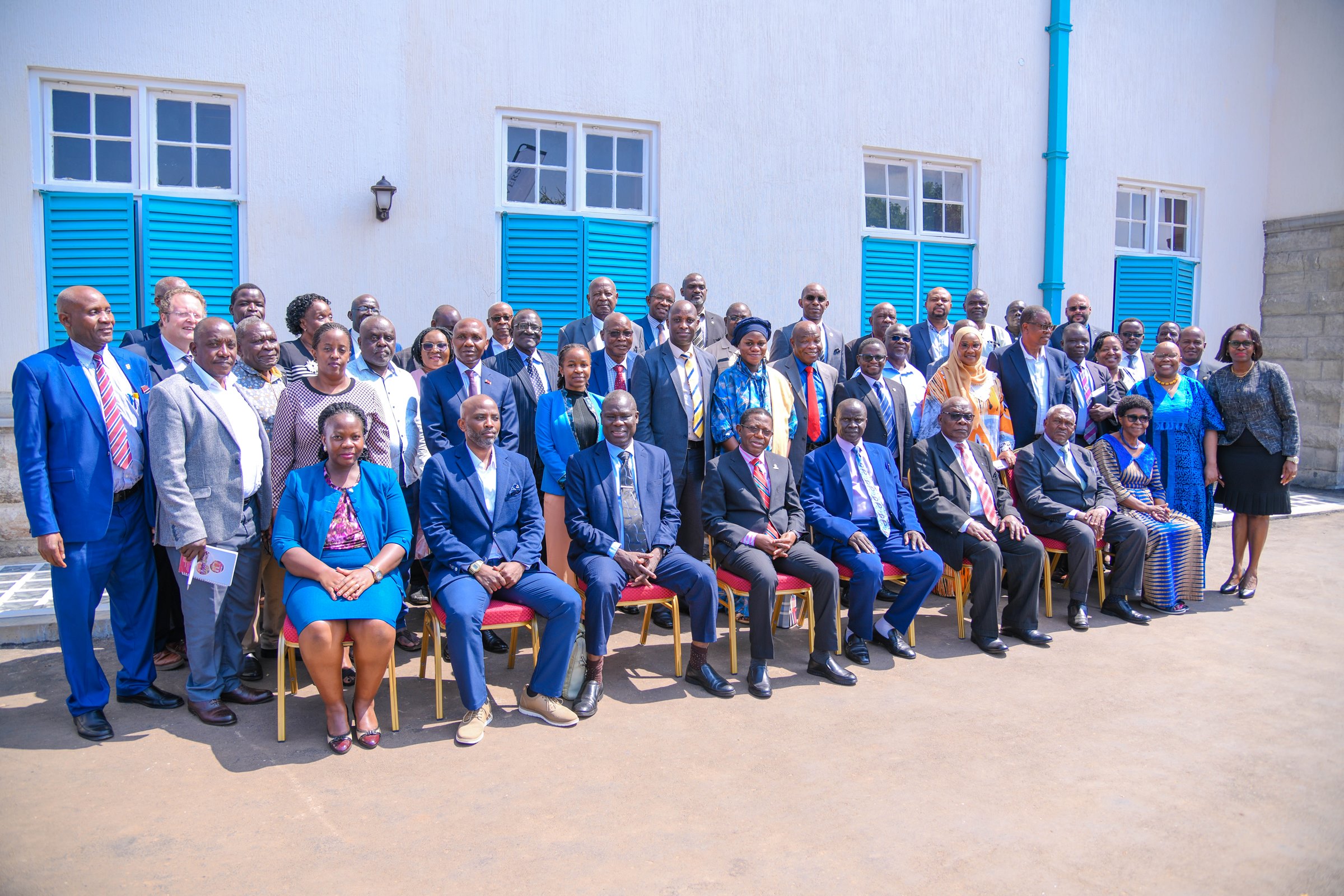 Members of the UVCF pose for a group photo with their host, Acting Vice Chancellor Prof. Buyinza Mukadasi (4th L) after the extraordinary sitting on 23rd June 2025. Extraordinary sitting of the Uganda Vice Chancellors Forum (UVCF) meeting to discuss Higher Education Access Certificate (HEAC) programme and Technical and Vocational Education and Training (TVET) Act, 2025, Senior Common Room, Makerere University, Kampala Uganda, East Africa on 23rd June 2025. Extraordinary sitting of the Uganda Vice Chancellors Forum (UVCF) meeting to discuss Higher Education Access Certificate (HEAC) programme and Technical and Vocational Education and Training (TVET) Act, 2025, Senior Common Room, Makerere University, Kampala Uganda, East Africa on 23rd June 2025.