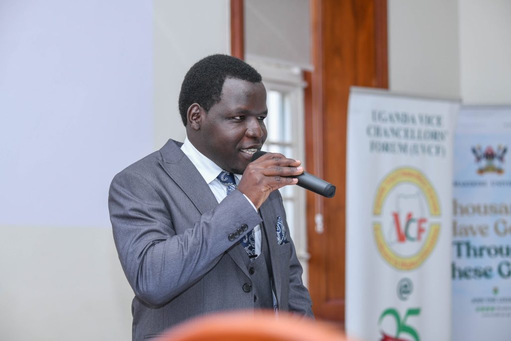 HEAC Beneficiary and 24th Guild President of Gulu University, Mr. Alex Opio Ongom. Extraordinary sitting of the Uganda Vice Chancellors Forum (UVCF) meeting to discuss Higher Education Access Certificate (HEAC) programme and Technical and Vocational Education and Training (TVET) Act, 2025, Senior Common Room, Makerere University, Kampala Uganda, East Africa on 23rd June 2025.