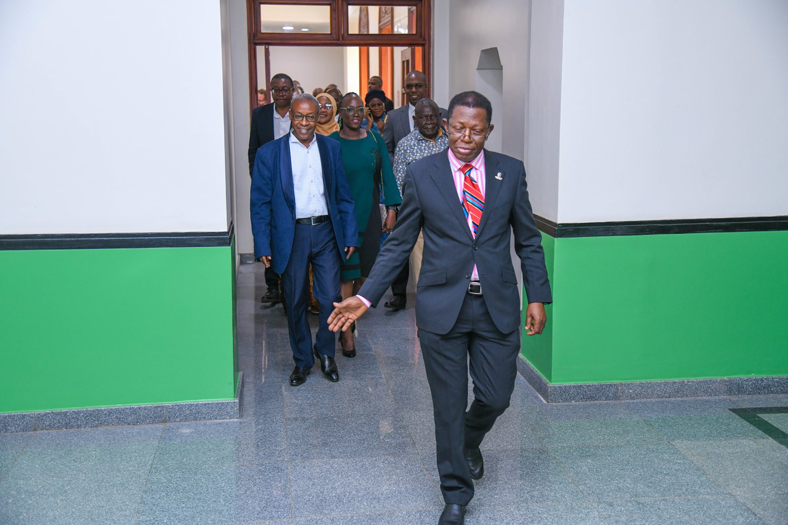 Prof. Buyinza Mukadasi takes UVCF Members on a guided tour of reconstructed Main Building. Extraordinary sitting of the Uganda Vice Chancellors Forum (UVCF) meeting to discuss Higher Education Access Certificate (HEAC) programme and Technical and Vocational Education and Training (TVET) Act, 2025, Senior Common Room, Makerere University, Kampala Uganda, East Africa on 23rd June 2025.