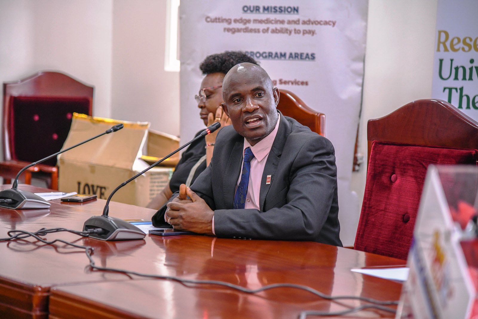 National Medical Director of AHF Uganda Cares, Dr. Lubanga Augustine. Makerere University and the Aids Healthcare Foundation (AHF) Uganda Cares meeting to collaborate on HIV/AIDS prevention and care services for the University’s student population, 30th July 2025, Main Building, Kampala Uganda, East Africa.