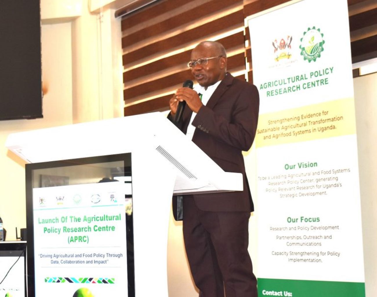 Prof. Bernard Bashaasha, Coordinator of the APRC speaking at the launch of the Centre. Agricultural Policy Research Centre (APRC), housed within the College of Agricultural and Environmental Sciences (CAES) two-day intensive training workshop on African Agriculture Adaptation Atlas (AAAA), 25th-26th June 2025, School of Agricultural Sciences, Makerere University, Kampala Uganda, East Africa 2nd July 2025.