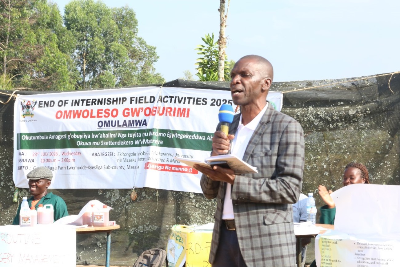 On behalf of the Principal of CAES, Dr. Richard Miiro from the Department of Extension and Innovation Studies expressed gratitude to the host farmers for their willingness to train the students. College of Agricultural and Environmental Sciences (CAES) at Makerere University, Kampala Uganda, East Africa revitalization of internship programme for 51 students at Mbulamu Integrated Farm, Mpigi District and Green Valley Farm, Masaka District. Coordinators: Dr. Emmanuel Opolot, Dr. Gabriel Karubanga.