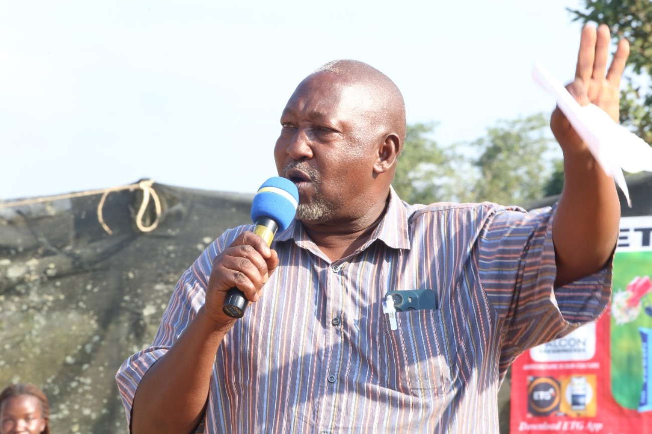 The LC5 Chairman of Masaka District, Mr. Andrew Battemyetto Lukyamuzi delivering his remarks at Green Valley Farm in Kyesiiga Sub County. College of Agricultural and Environmental Sciences (CAES) at Makerere University, Kampala Uganda, East Africa revitalization of internship programme for 51 students at Mbulamu Integrated Farm, Mpigi District and Green Valley Farm, Masaka District. Coordinators: Dr. Emmanuel Opolot, Dr. Gabriel Karubanga.
