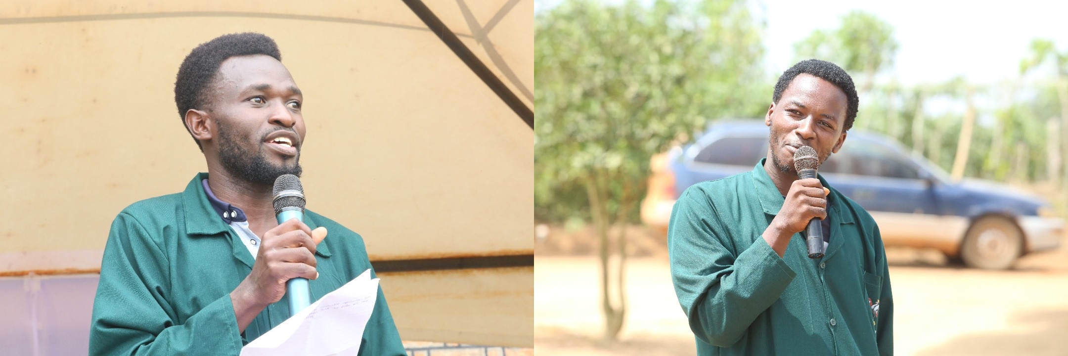 Student representatives, Mayson Wangusa and Clever Asiimwe sharing their internship experiences. College of Agricultural and Environmental Sciences (CAES) at Makerere University, Kampala Uganda, East Africa revitalization of internship programme for 51 students at Mbulamu Integrated Farm, Mpigi District and Green Valley Farm, Masaka District. Coordinators: Dr. Emmanuel Opolot, Dr. Gabriel Karubanga.