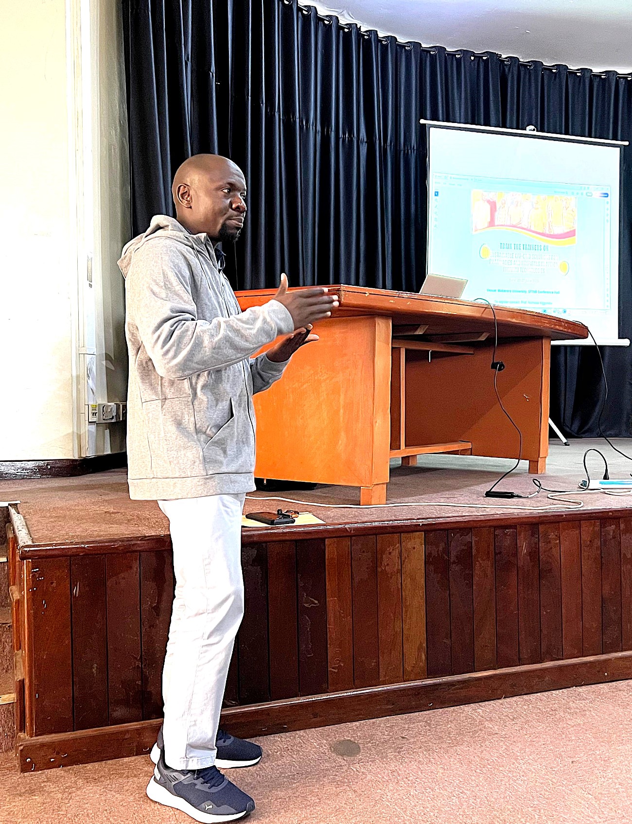 Prof. Isa Kabenge, Head, Department of Agricultural and Biosystems Engineering at Makerere University addressing the trainees. European Union-funded Sustainable Off-Grid Solutions for Pharmacies and Hospitals in Africa (SophiA) Project, comprehensive Training of Trainers workshop, June 23 to 27, 2025, Conference Hall, School of Food Technology, Nutrition and Bioengineering (SFTNB), College of Agricultural and Environmental Sciences (CAES), Makerere University, Kampala Uganda, East Africa.