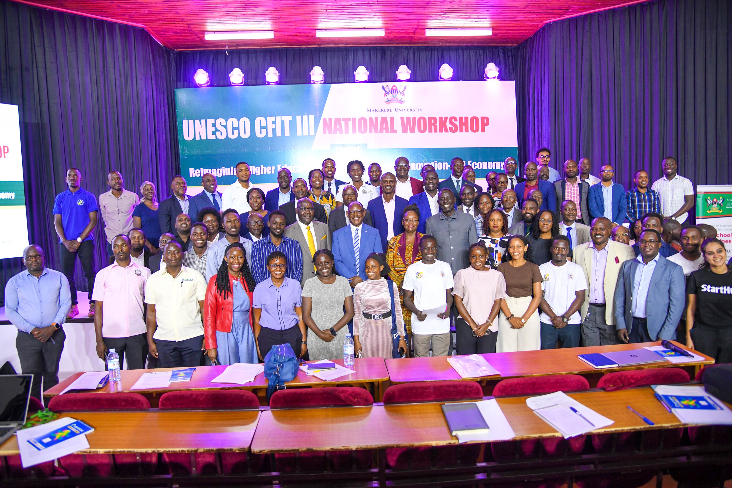 The Vice Chancellor-Prof. Barnabas Nawangwe (Centre) joins CFIT III National Workshop participants for a group photo on 29th July 2025. People's Republic of China funding to United Nations Educational, Scientific and Cultural Organization (UNESCO) to undertake China Funds In Trust (CFIT) project, CFIT III National Workshop, 29th July 2025, College of Engineering, Design, Art and Technology (CEDAT) Conference Hall, Makerere University, Kampala Uganda, East Africa.