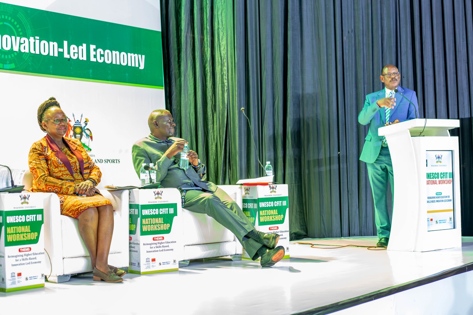 Prof. Barnabas Nawangwe (Right) makes his remarks as Prof. Dorothy Okello (Left) and Mr. Timothy Ssejjoba (Centre) listen in. People's Republic of China funding to United Nations Educational, Scientific and Cultural Organization (UNESCO) to undertake China Funds In Trust (CFIT) project, CFIT III National Workshop, 29th July 2025, College of Engineering, Design, Art and Technology (CEDAT) Conference Hall, Makerere University, Kampala Uganda, East Africa.