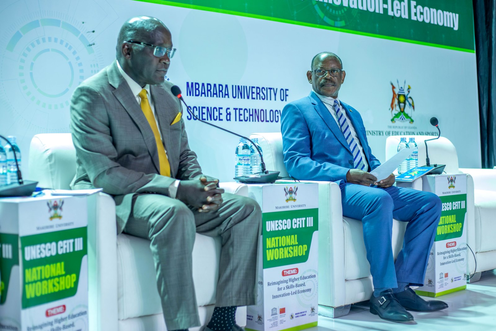 Prof. Nixon Kamukama (Left) addresses participants as Prof. Barnabas Nawangwe (Right) listens in. People's Republic of China funding to United Nations Educational, Scientific and Cultural Organization (UNESCO) to undertake China Funds In Trust (CFIT) project, CFIT III National Workshop, 29th July 2025, College of Engineering, Design, Art and Technology (CEDAT) Conference Hall, Makerere University, Kampala Uganda, East Africa.