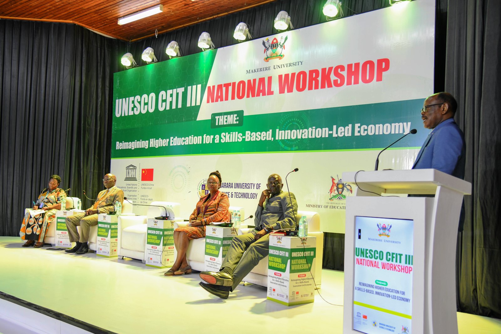 Left to Right: Mrs. Nasaba Rosemary, Prof. Nixon Kamukama, Prof. Dorothy Okello, Mr. Timothy Ssejjoba and Prof. Barnabas Nawangwe during one of the sessions. People's Republic of China funding to United Nations Educational, Scientific and Cultural Organization (UNESCO) to undertake China Funds In Trust (CFIT) project, CFIT III National Workshop, 29th July 2025, College of Engineering, Design, Art and Technology (CEDAT) Conference Hall, Makerere University, Kampala Uganda, East Africa.
