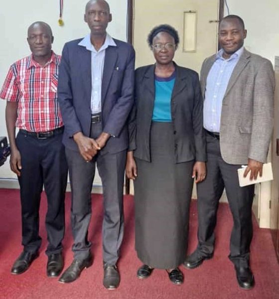 Left to Right: Dr. Alfred Buluma, Prof. Anthony Muwagga Mugagga (Principal), Associate Professor Josephine Esaete (Principal Investigator), and Dr. Michael Walimbwa in the Principal's Office on 24th July 2025. Team behind 1 million Euros grant to support the implementation of a research titled, Transitioning Higher Education Regulators and Universities to Competence Based Education in East and West Africa meeting Principal, College of Education and External Studies (CEES), 24th July 2025, Makerere University, Kampala Uganda, East Africa.