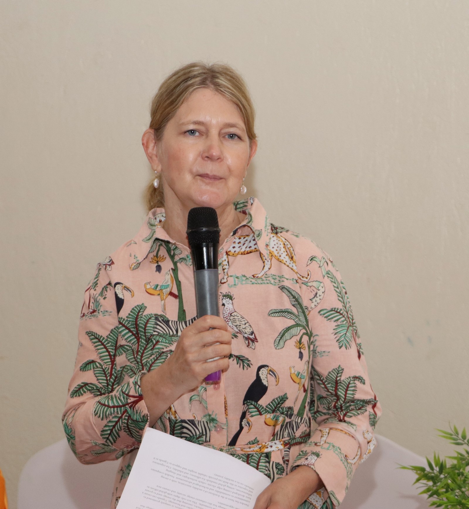 Ambassador Maria Håkansson delivering her remarks. 4th Cohort of Makerere University Inclusive Green Economy (IGE) Fellows—senior public servants from five key government institutions who completed a year-long training on green economic transformation focusing on reducing emissions in Uganda’s transport sector graduation and introduction of IGE Cohort 2025-2026, Kampala Kolping Hotel, East Africa 2nd July 2025.