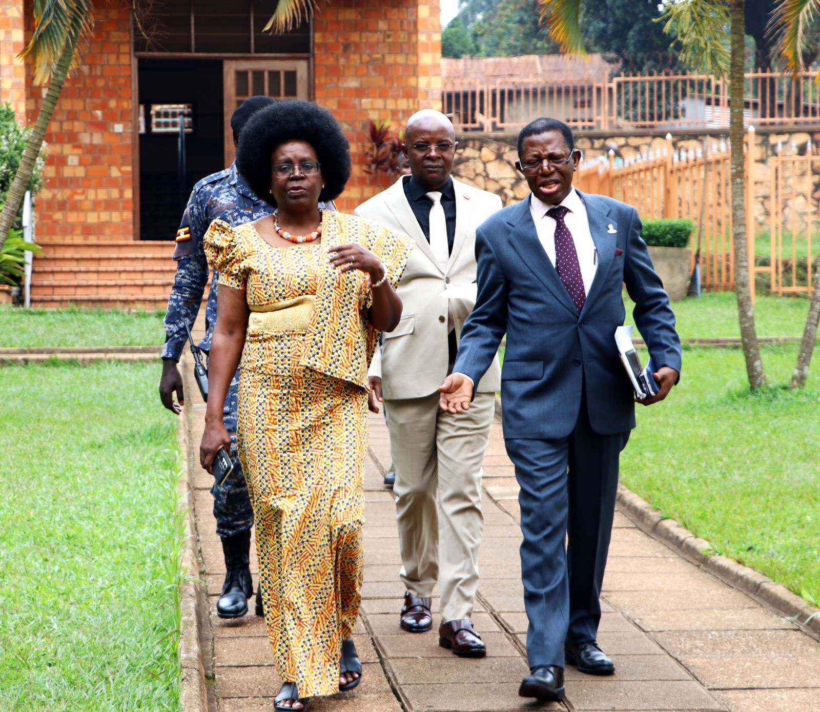 Hon. Dr. Monica Musenero, Prof. Mukadasi Buyinza, and Prof. Edward Bbaale arriving for the function. 4th Cohort of Makerere University Inclusive Green Economy (IGE) Fellows—senior public servants from five key government institutions who completed a year-long training on green economic transformation focusing on reducing emissions in Uganda’s transport sector graduation and introduction of IGE Cohort 2025-2026, Kampala Kolping Hotel, East Africa 2nd July 2025.