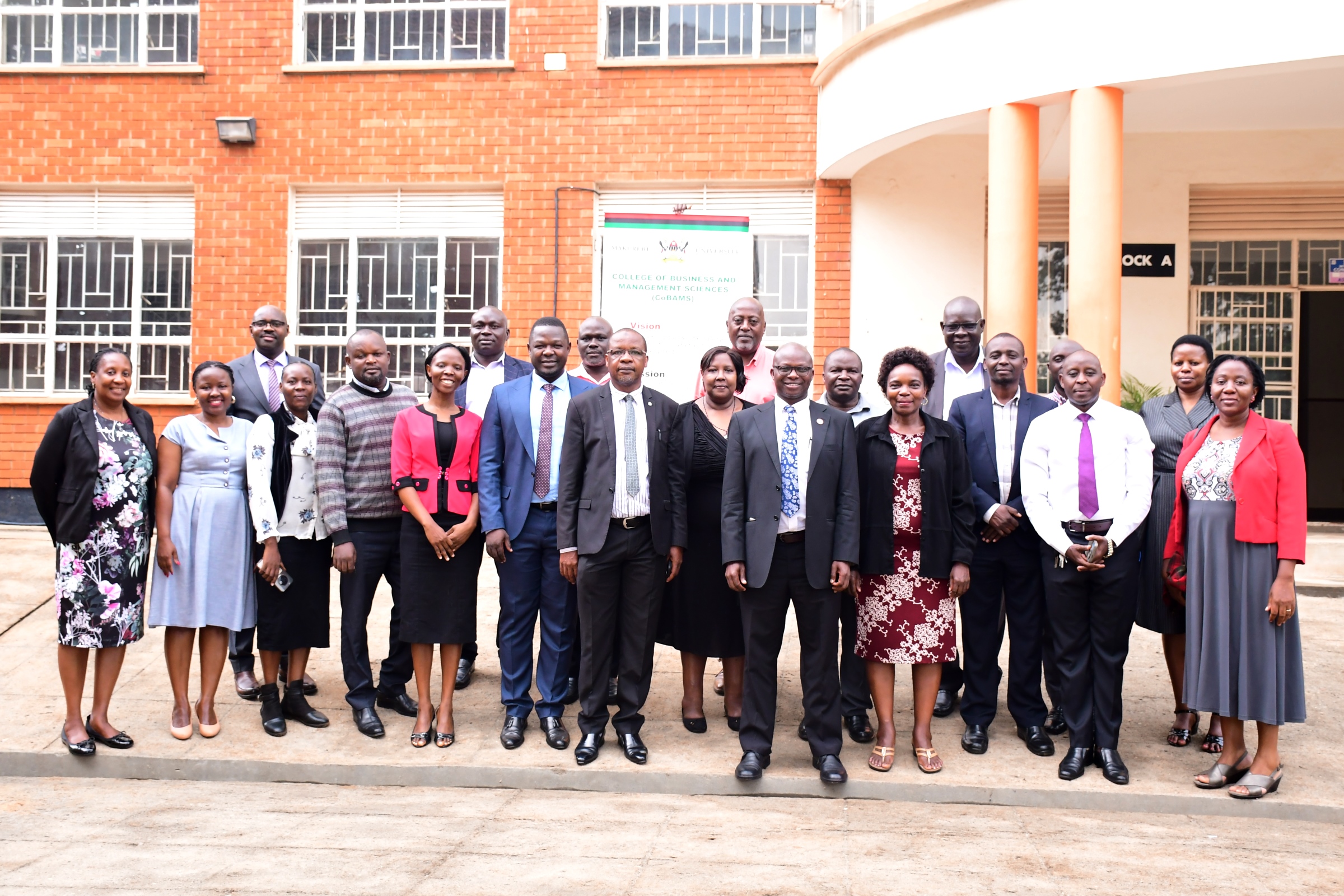 The first cohort of University Managers attending a five-day strategic leadership training conducted by the School of Business pose for a group photo on 7th July 2025 at CoBAMS. School of Business, College of Business and Management Sciences (CoBAMS) five-day strategic leadership training for the first cohort of University managers, Day1-7th July 2025, Makerere University, Kampala Uganda, East Africa.