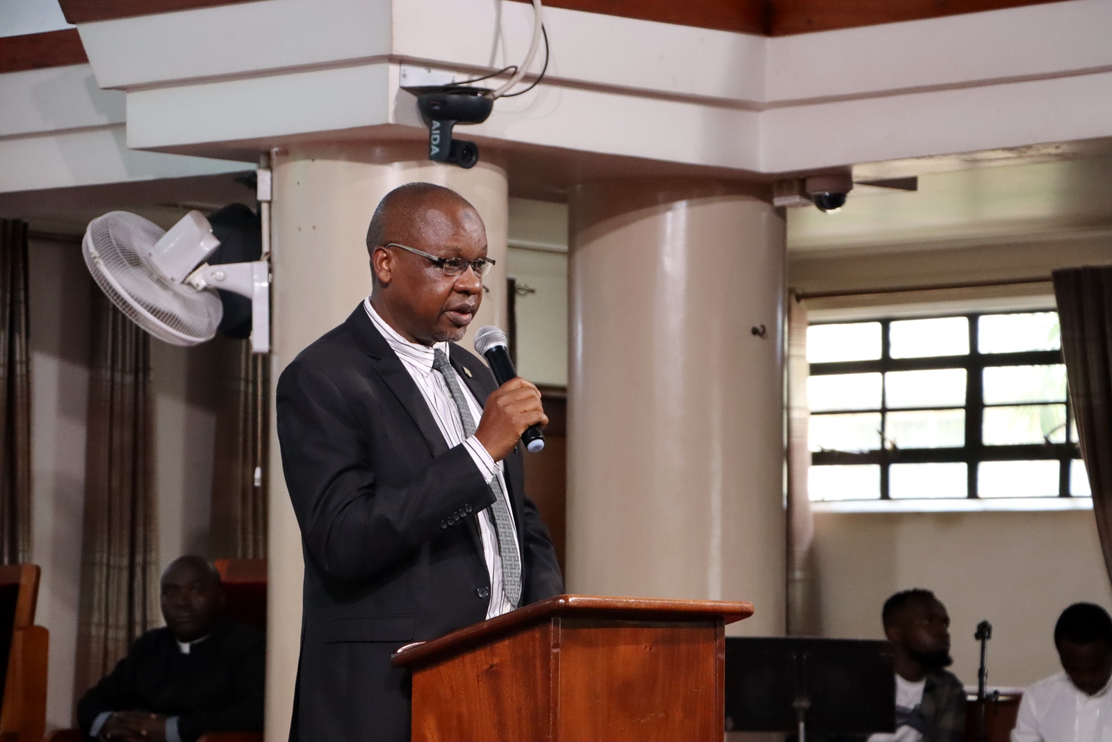 Prof. Juma Kasozi delivers the condolence message from CoNAS. Funeral Service in honour Mr. Besweri Wandera, Assistant Lecturer, Department of Sports Science, College of Natural Sciences (CoNAS), 24th July 2025, St. Francis Chapel, Makerere University, Kampala Uganda, East Africa.